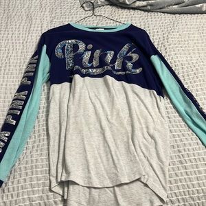 Navy blue, gray, pink embroidery on sleeves